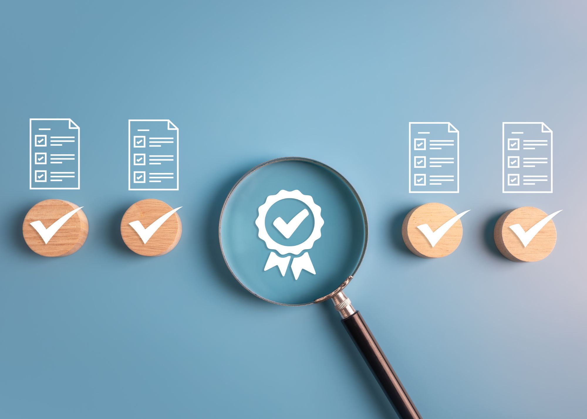 Magnifying glass over a Provision Over Pressure achievement badge and checked checklists, symbolizing assurance.