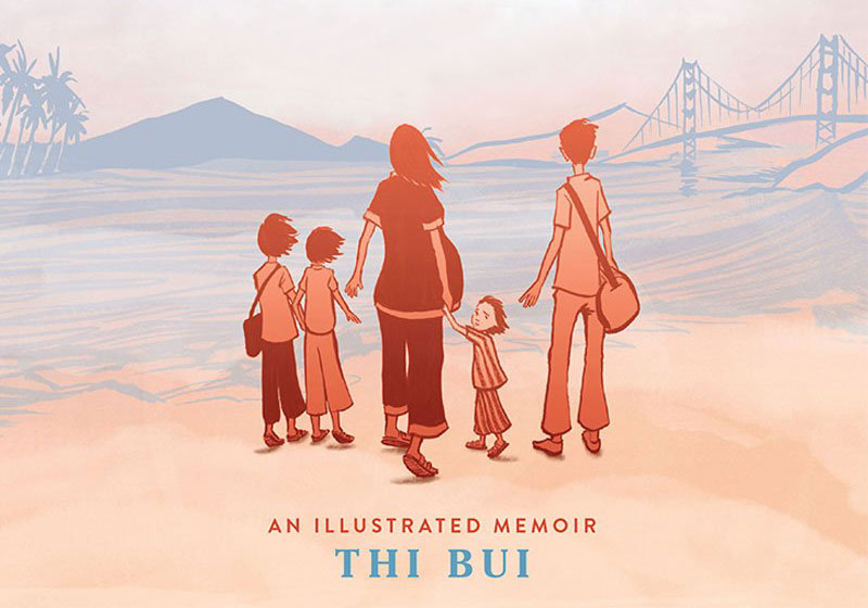 Illustrated book cover of The Best We Could Do by Thi Bui, showing a family of five standing hand in hand on a beach with a soft watercolor background and a bridge in the distance.