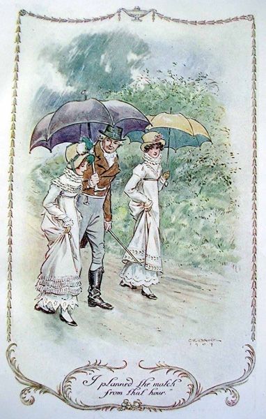 A vintage 1909 illustration of Emma, Harriet, and Mr. Elton walking with umbrellas, from Emma by Jane Austen.
