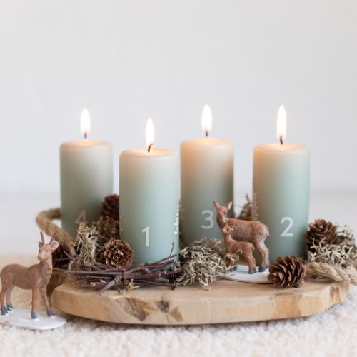 Four lit Advent candles with woodland figures and pinecones, symbolizing Advent homeschool mother encouragement.